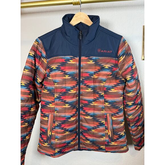 Women's Ariat Navy Background with Brown Yellow Aztec Print Jacket Size Small - Picture 1 of 10